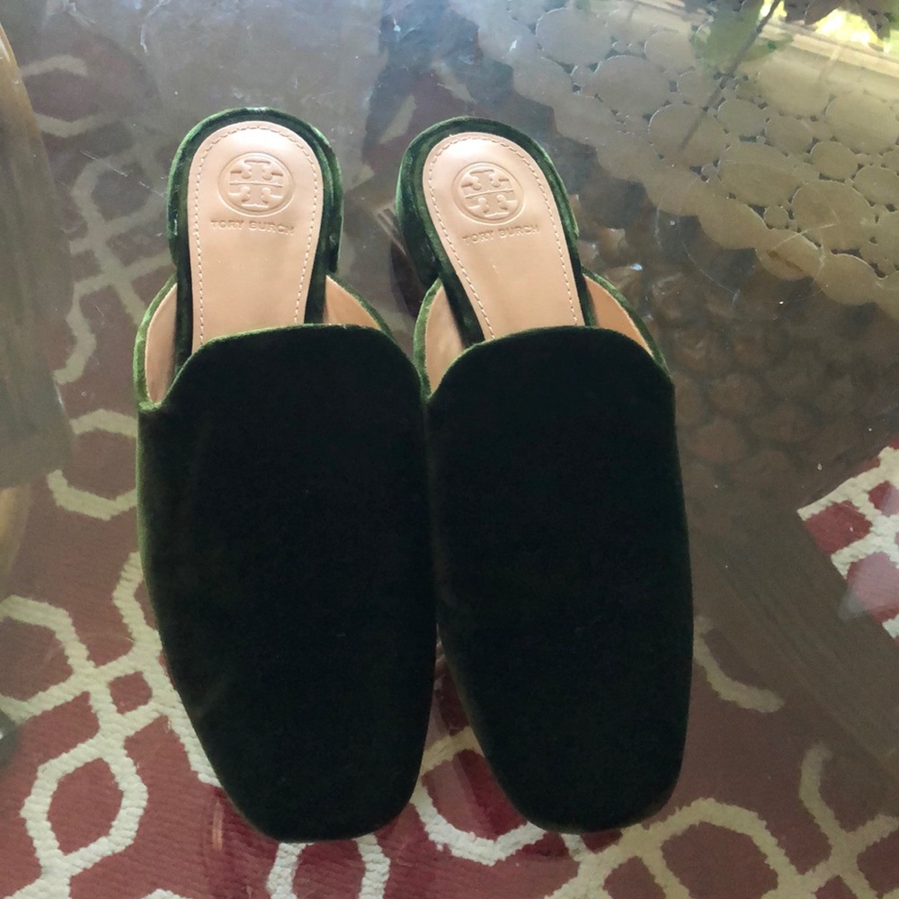 Tory Burch Carlotta Green Velvet Mules 6.5